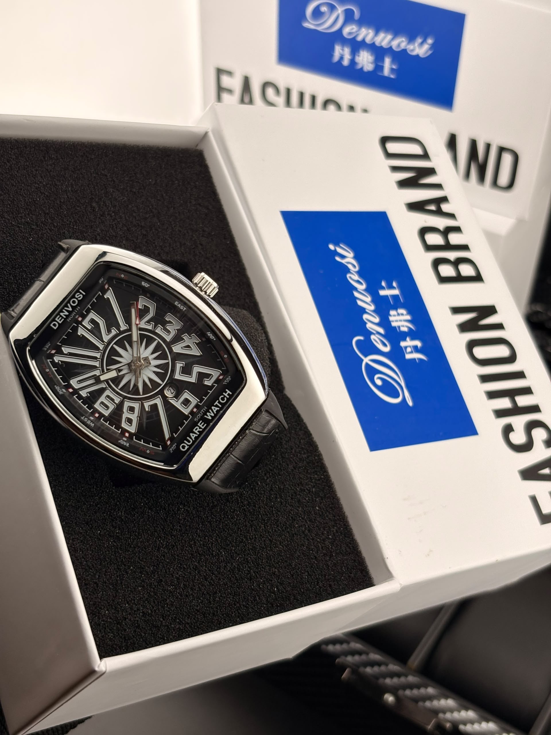 DENVOSI leather watch, silver black, front view